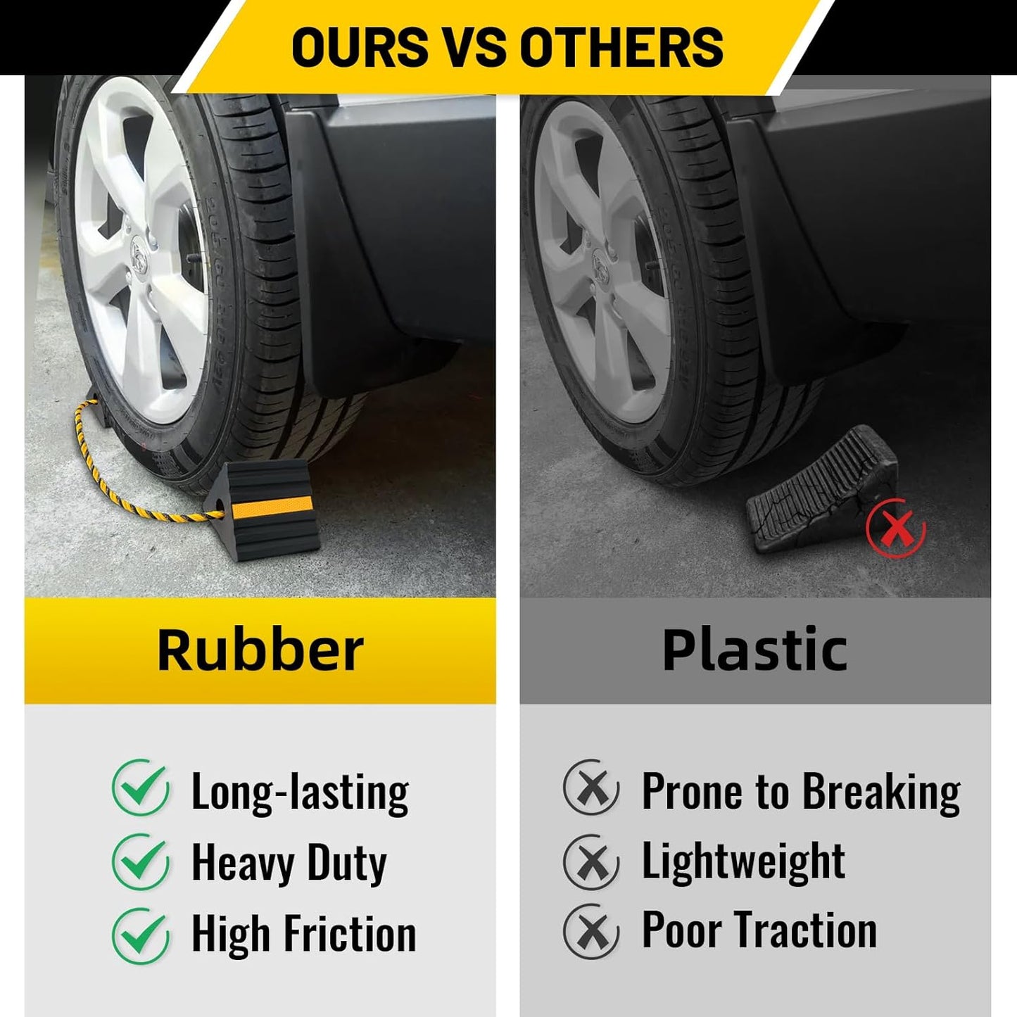 ROBLOCK Rubber Wheel Chocks for RV Trailer Camper Truck Car Aircraft Boat, Versatile Rubber Chocks Block Stopper for Tire with Reflective Strips, Utility RV Accessories, 2pair/4pack