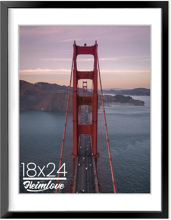 Heimlove 18X24 Aluminum Picture Frame, Black Metal Poster Frame - Vertical & Horizontal Hanging - Picture Frame for Wall Display 16x20 Photos with Mat or 18x24 Images without Mat - Black, 1Pack