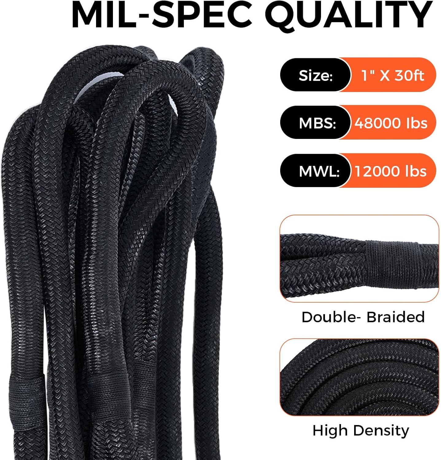 Kinetic Recovery Tow Rope, 48000LBS Snatch Strap with Soft Shackles, Extreme Duty 30% Elasticity Energy Offroad Towing Straps Kit for Car Jeep Trucks SUV UTV ATV Tractor - 1" x 20ft, Black