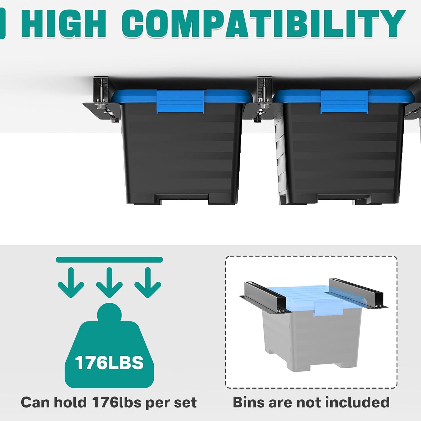 EVERHANGER Ceiling Storage Rack, Heavy Duty Overhead Storage Rack for Garage, Adjustable Ceiling Bin Storage System, 8 Sets for 7 Bins, 16 Inch