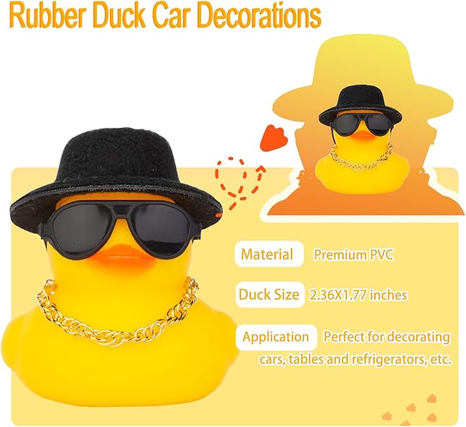 Rubber Duck Car Ornaments Duck Car Dashboard Decorations Accessories with Mini Top Hat Necklace and Sunglasses(T1)