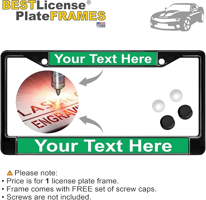 Custom Personalized Black Powder-Coated Metal Laser Engraved Standard Size - Car/Automobile License Plate Frame with Free caps - Green/White Text (Qty: 1 Frame)