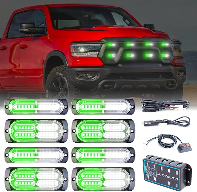8pcs Sync Feature Emergency Strobe Grille Lights LED Ultra Slim Surface Mount Flashing Hazard Warning Light Bar with Controller for Firefighter/Construction/Trucks/Vehicles/Car (Green/White)