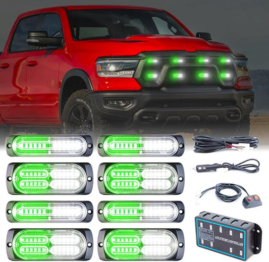 8pcs Sync Feature Emergency Strobe Grille Lights LED Ultra Slim Surface Mount Flashing Hazard Warning Light Bar with Controller for Firefighter/Construction/Trucks/Vehicles/Car (Green/White)