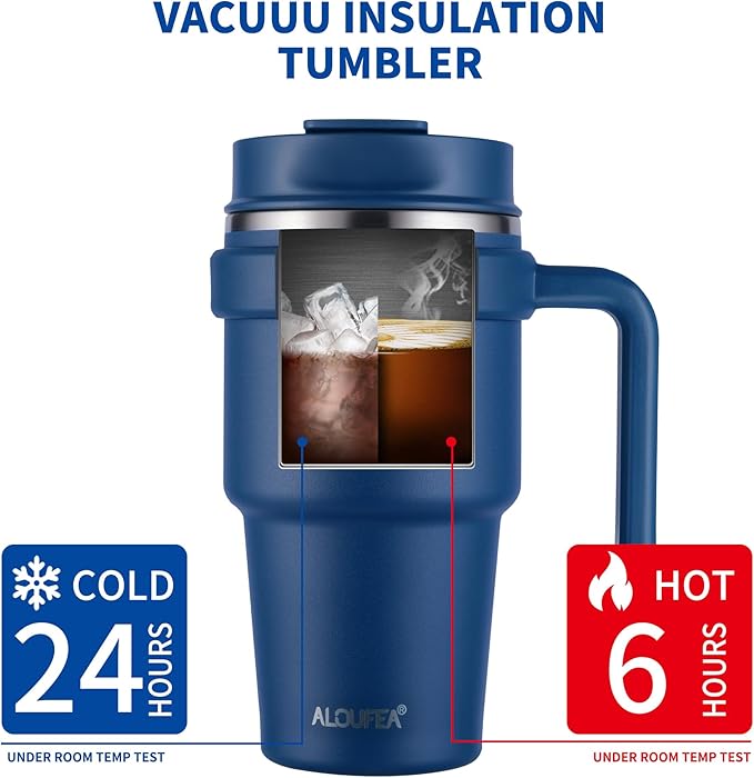 ALOUFEA 20 oz Insulated Coffee Mug Tumbler with Handle, Stainless Steel Travel Mug Tumbler with Lid and Straw,Double Wall Vacuum Leak Proof Ice Coffee Thermal Cup, Navy
