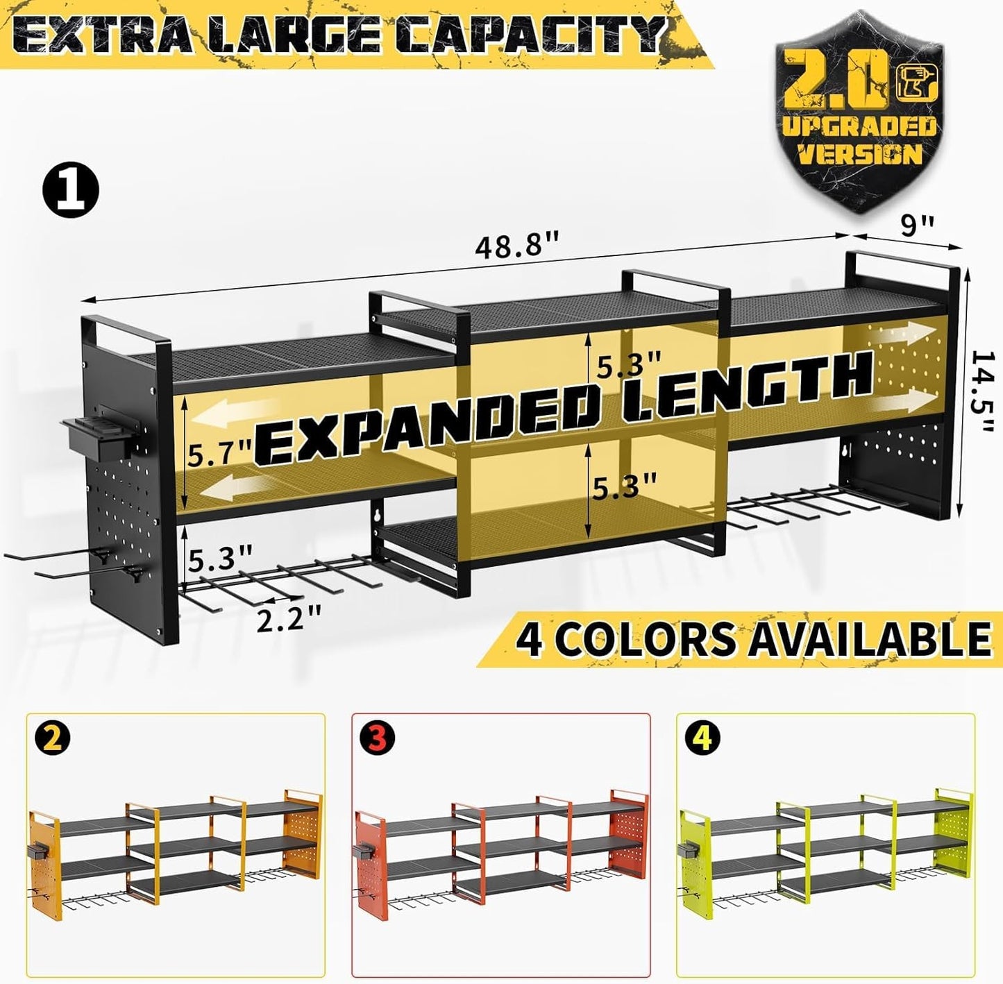 Power Tool Organizer with Charging Station Wall Mount, 3 Layer Expanded Heavy Duty Garage Organization, 48.8 Inch Length Garage Tool Storage, 4 Drill Slot, 16" Standard Hole, Black