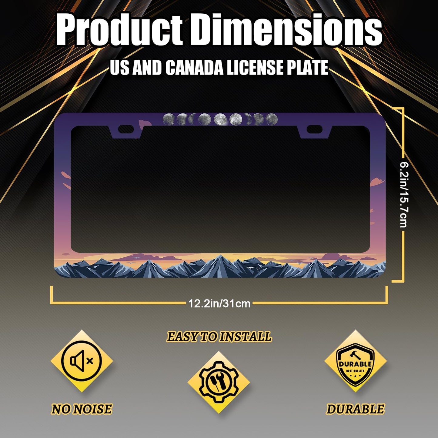 Moon Phase License Plate Frame Mountain Night Stars License Plate Holder Front and Rear Car Tags Stainless Steel Auto Parts Funny License Plate Decoration with Screws Men Women 12.2"x 6.2"