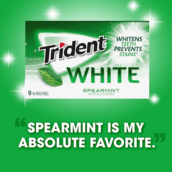 Trident White Spearmint Sugar-Free Chewing Gum, 9 Pack of 16 Pieces (144 Total Pieces)