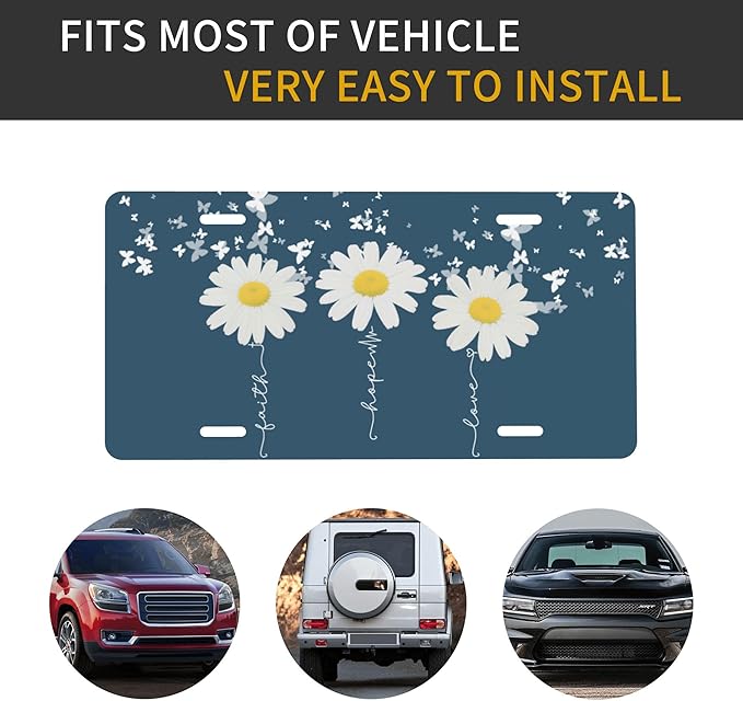 Front License Plate Faith Hope Love Vanity Plates Aluminum Metal Decorative Car Tag Daisy Novelty License Plate Cover for Men Women ‎6 * 12 in (4 Holes)