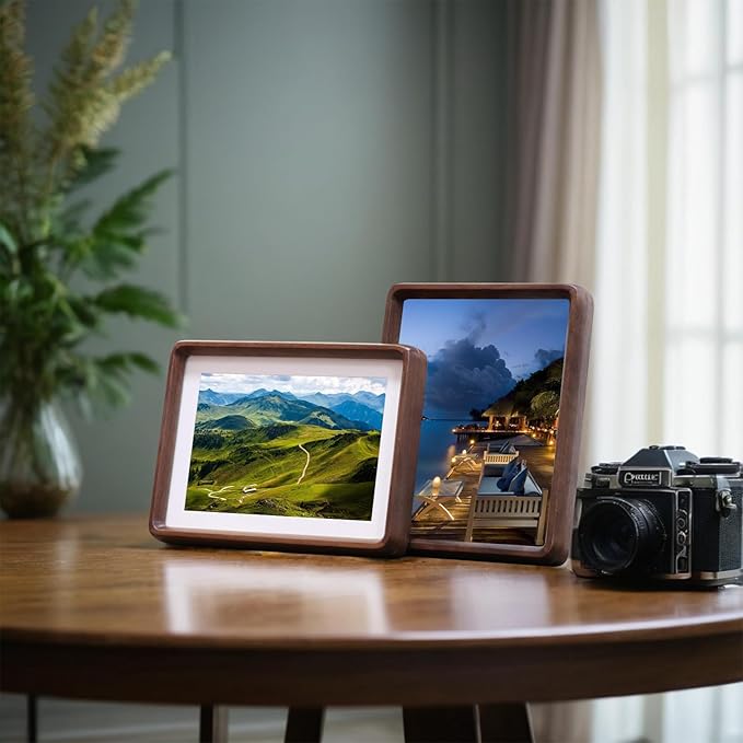 HELPLEX 4x6 Picture Frame Set of 2 - Solid Walnut Wood, Adjustable Mat for 3x5 & 4x6 Photos, Shatter-Resistant Glass - Wall & Tabletop Family Gallery, Modern Minimalist Home Decor
