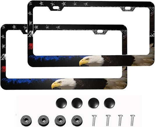 Eagle USA Flag License Plate Frames Funny Cute for USA Canada Vehicles Standard Car Tag Cover Holder Aluminum Metal for Women Men Auto Decoration Hardware Included