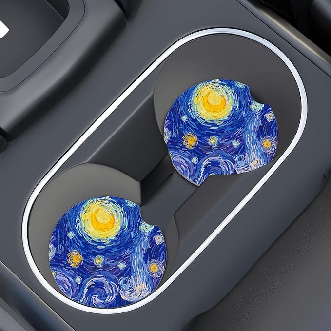 Car Cup Holder Coaster, Car Coasters for Cup Holders, 4 Pack Universal Anti Slip Insert Absorbent Ceramic Auto Interior Accessories with A Finger Notch & Cork Base, Starry Night