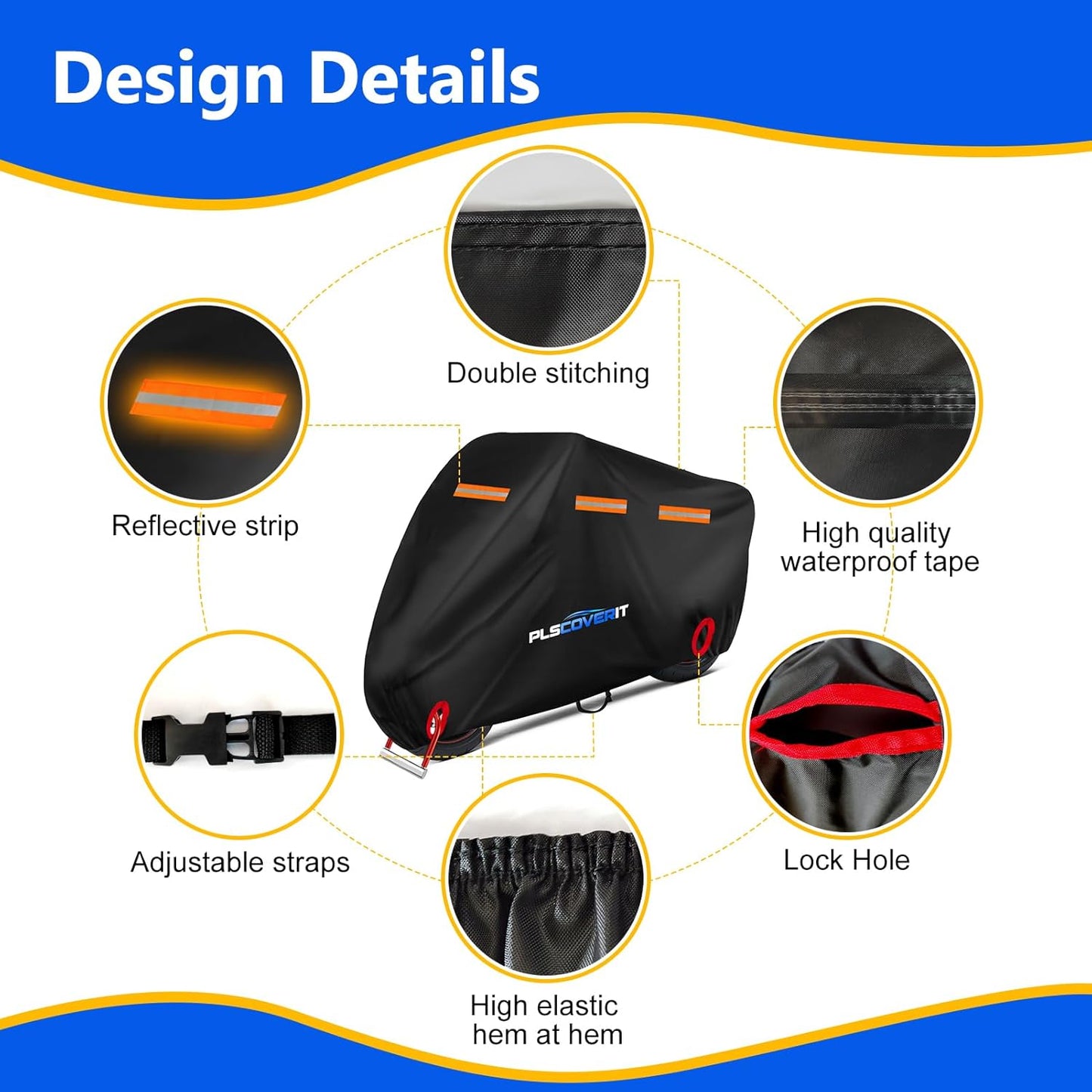 Motorcycle Cover, 600D Heavy Duty Waterproof Motorbike Cover, Dustproof Motorcycles Vehicle Cover Scooter Shelter Protection with Reflective Strips & Storage Bag 97.5" x 41" x 50"