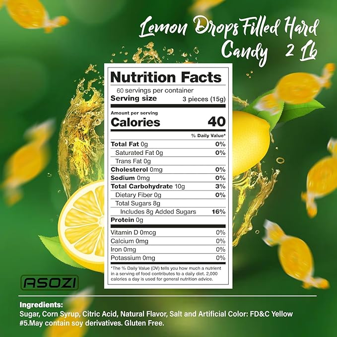 Lemon Candy Hard Drops 2lb - Quality Old-Fashioned Lemon Drops individually Warped with a soft center, Sweet & Tart Candy Delight, Perfect Lemony Flavor, by ASOZI