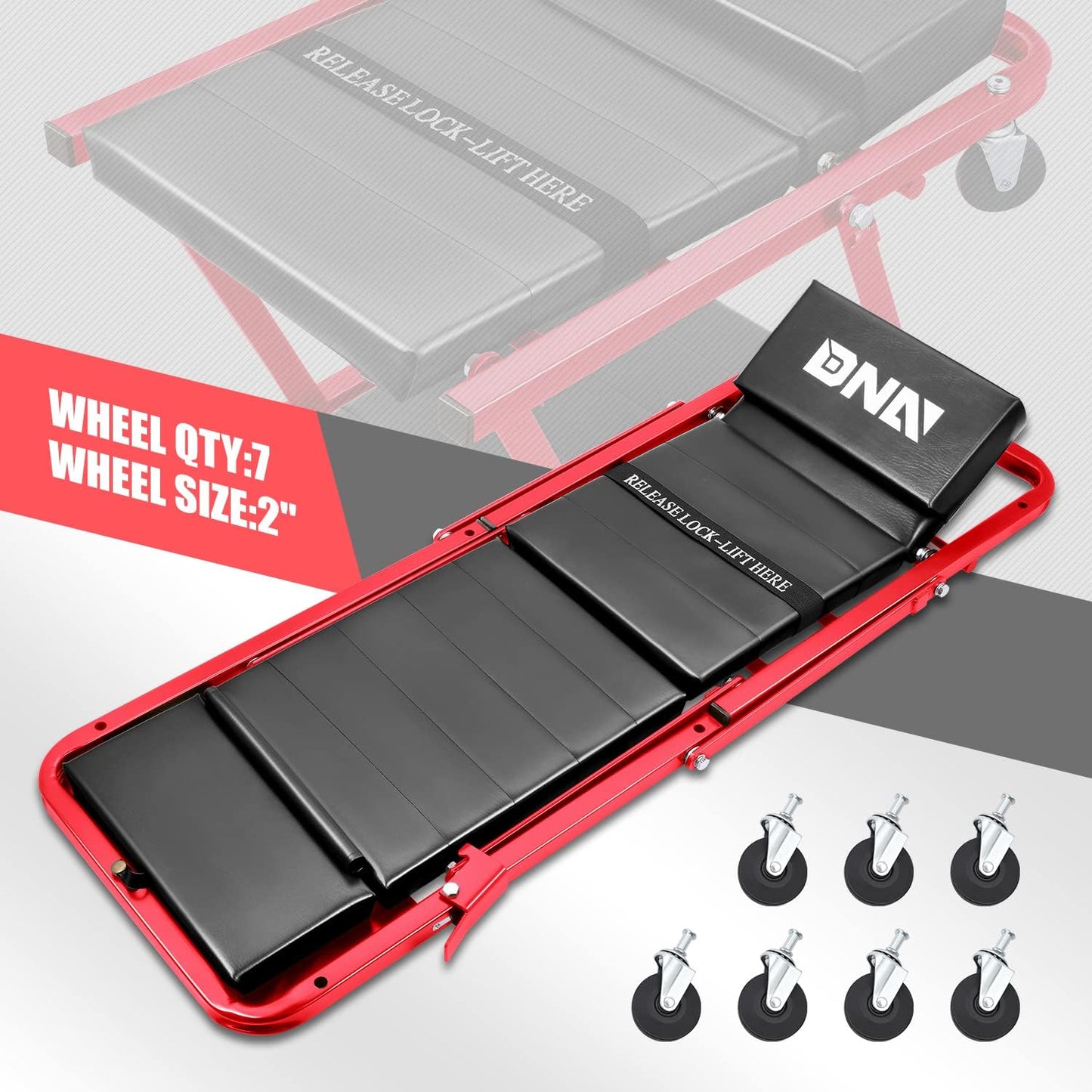 DNA MOTORING TOOLS-00193 48" 2 IN 1 Folding Rolling Garage Shop Creeper Roller Seat, 7 Pcs 2" Casters, 350 Lbs Weight Capacity, Gray