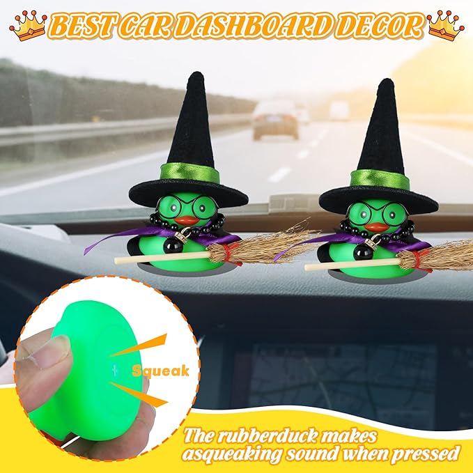 Rubber Duck Car Decorations with Magic Hat, Broom, Glasses & Accessories - Funny Dashboard Ornaments for Car, Home, Office (Green)