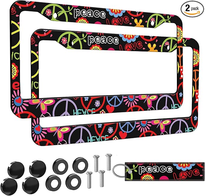 2pcs Hippies Peace Floral License Plate Frame for Women, Funny Love and Peace car Decorative tag Frames Girly, Hippie Peace Flower License Plate Cover Holder for Vehicle with car Keychain tag