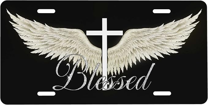 Front License Plate Wing Cross Blessed Vanity Plates Aluminum Metal Decorative Car Tag Novelty License Plate Cover for Men Women ‎6 * 12 in (4 Holes)