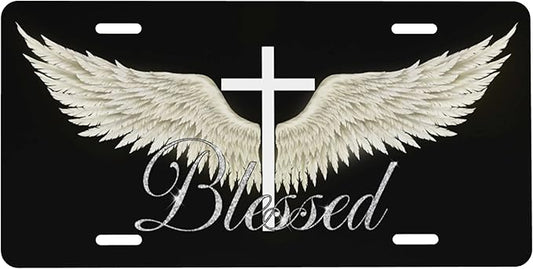 Front License Plate Wing Cross Blessed Vanity Plates Aluminum Metal Decorative Car Tag Novelty License Plate Cover for Men Women ‎6 * 12 in (4 Holes)