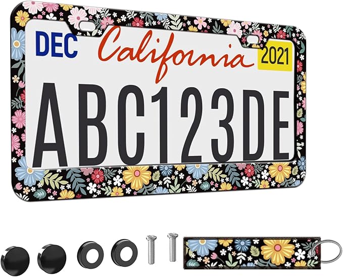 1pcs Hippie Flowers Floral License Plate Frame for Women,Yellow Black Plant Theme Floral car Decorative tag Frames Girly,Nature Flowers Floral License Plate Cover Holder for Vehicle with tag Keychain