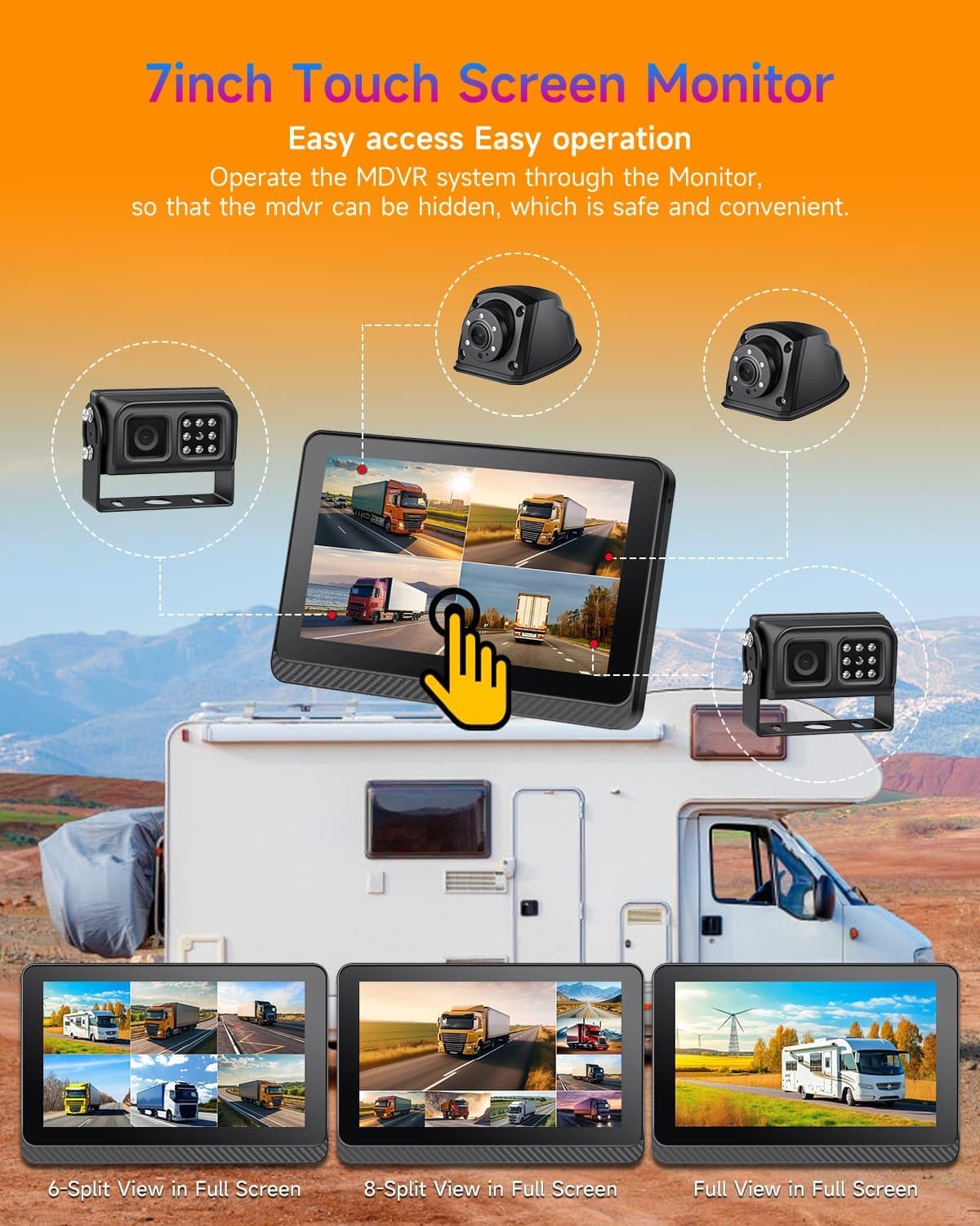 8CH Mobile DVR Monitor Camera System with WiFi Live GPS Tracking HDD MDVR Video Recorder 7" Touch Screen Monitor and 4 1080P Rear Side View Camera Waterproof Night Vision for RV Truck Trailer Tractor