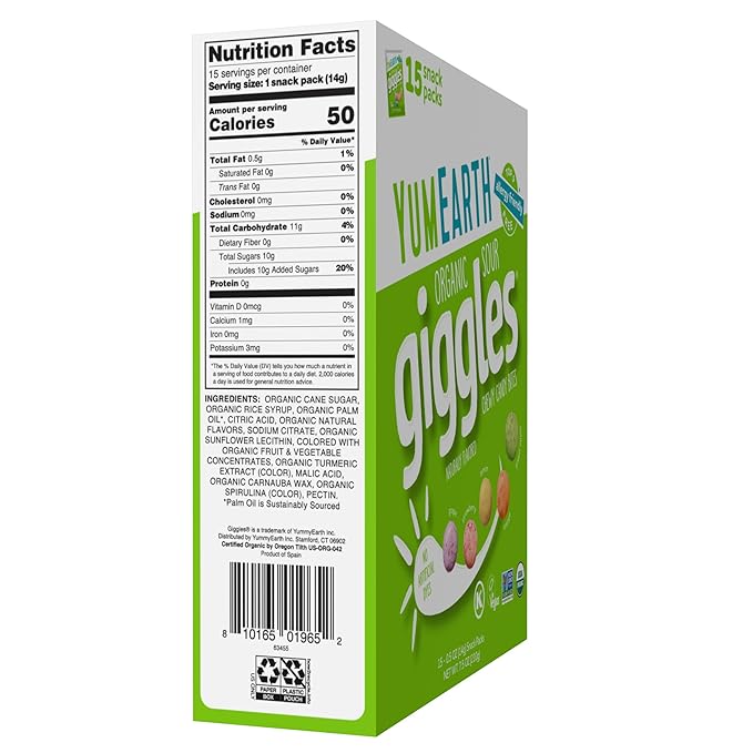 YumEarth Organic Sour Giggles Chewy Candy – Allergy Friendly, No Artificial Dyes, Non GMO, Gluten Free, Sour Fruit Flavored, Vegan Candy Snacks with No Artificial Flavors, 0.5 ounce (Box of 15)