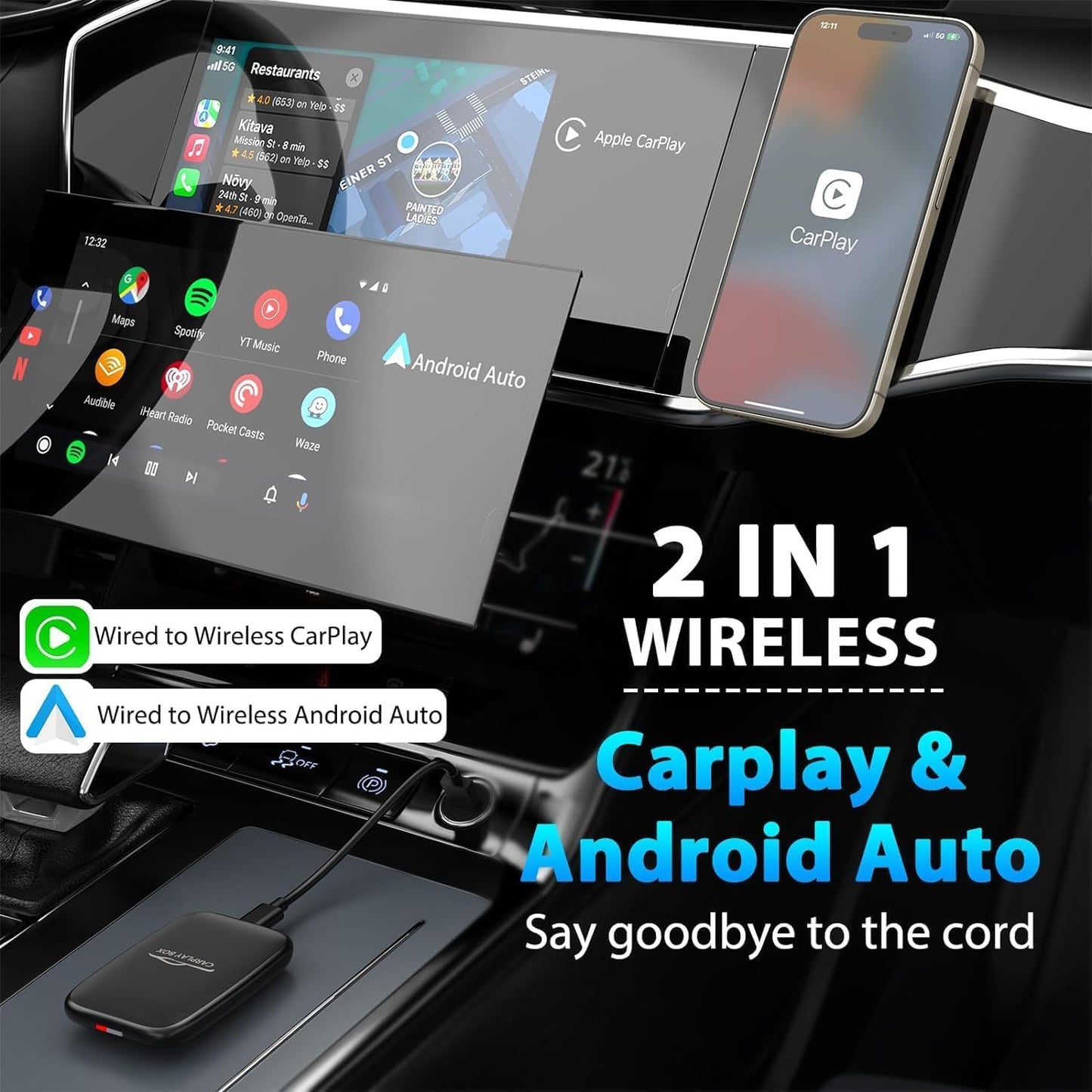 2025 Upgraded Wireless Carplay and Android Auto Dongle Support Netflix/YouTube,Car Play Ai Box with USBA-C and USBC-C Cable for iPhone Android,Convert Wired to Wireless CarPlay Stream to Your Car