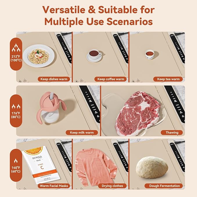 Food Warming Mat Electric Tray: Adjustable Silicone Heating Pad with 3 Temperature Settings 4 Timer Function Portable Roll Up Hot Plate for Buffets Party Gatherings Kitchen Warmer Countertop Holiday