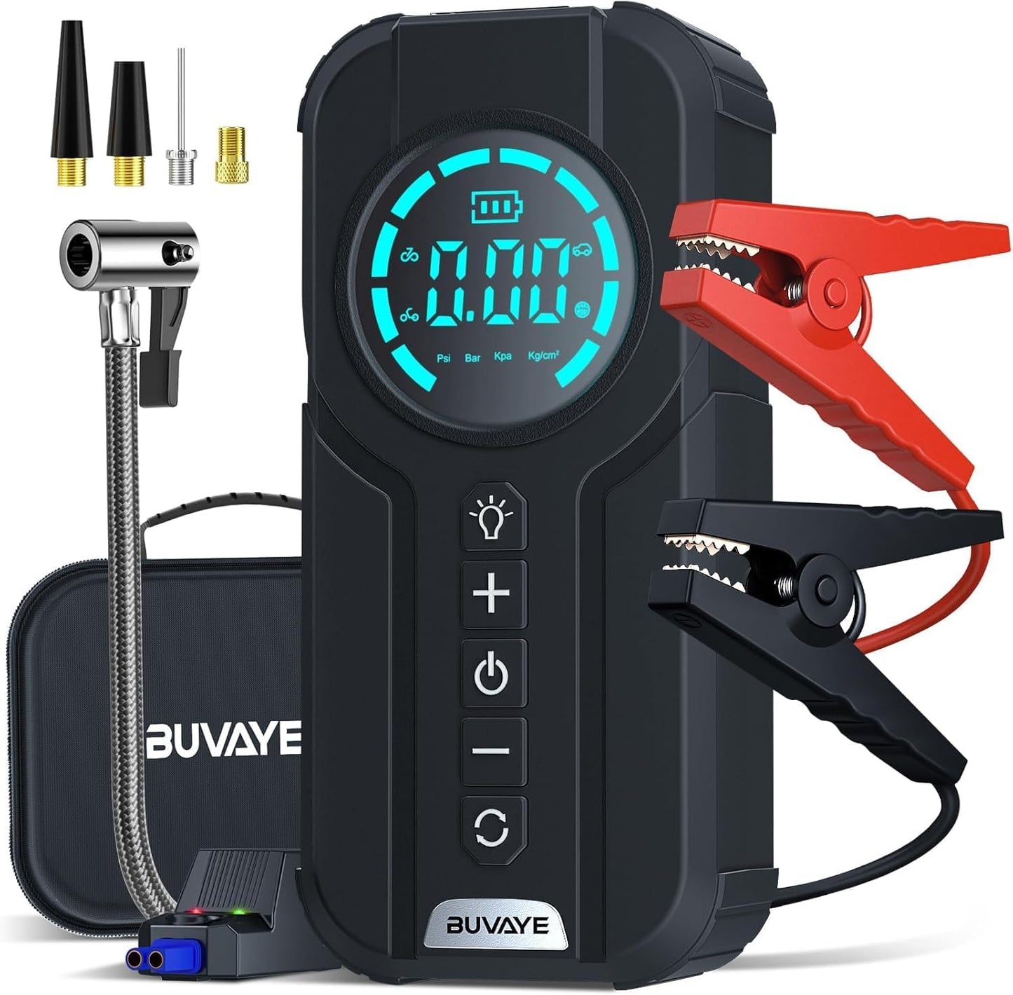 5000A Jump Starter with Air Compressor, 150PSI Battery Jumper Starter Portable for All Gas and 10.0L, 12V Car Jump Starter with Jumper Cable 3 Modes Flashlight and EVA Bag