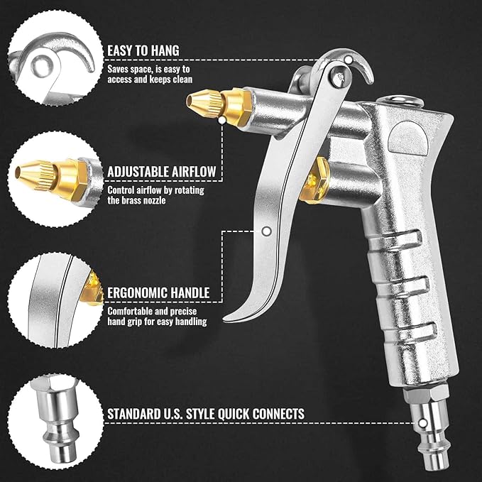 Adjustable Brass Air Nozzle Blow Gun, Heavy-Duty Industrial Air Gun Blower with Steel Extension, Professional Dust Cleaning Tool for Air Compressor Attachments