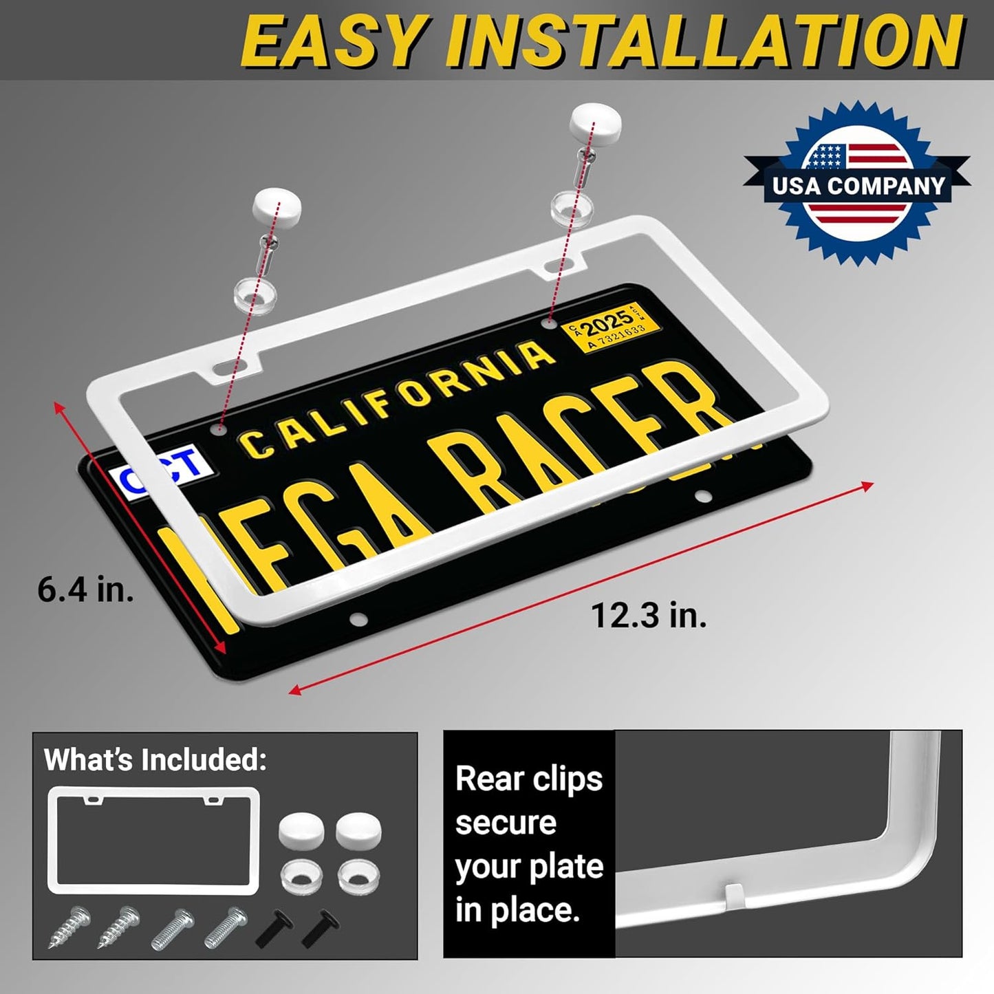 Premium Slim Sleek White License Plate Frame – 1 Pack, Rust-Free & Rattle-Free Stainless Steel, Street Legal, Universal with Screw Covers, Thin Edged Metal Front or Rear Car Tag Holder for Men & Women