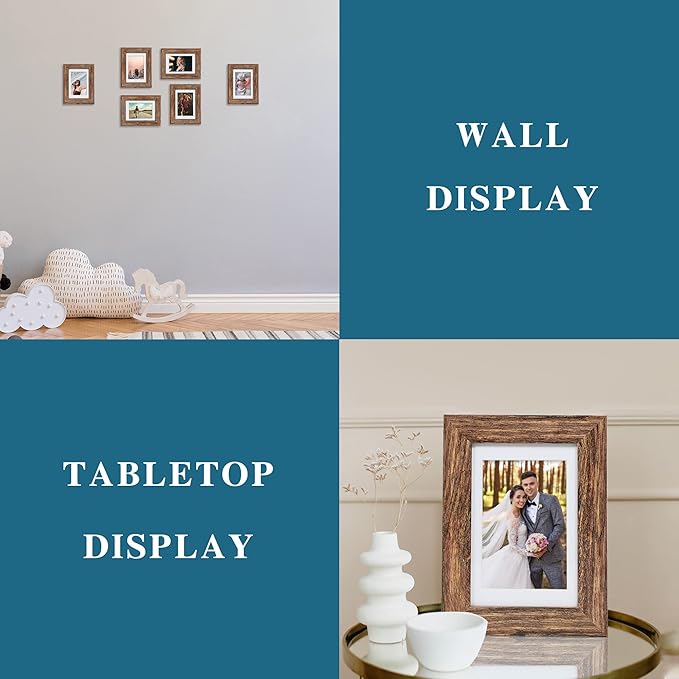 5x7 Picture Frame Set of 2, Made of Real Glass and Rustic Brown Wooden Frame - Display Pictures 4x6 with Mat or 5x7 Without Mat, 5 by 7 Photo Frame for Wall or Tabletop Display