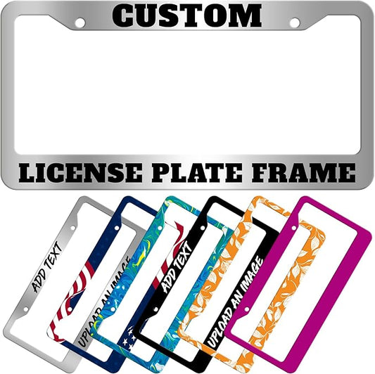 VulgrCo Custom License Plate Frame for Car Truck SUV Vehicle - 12 1/4 x 6 3/8 Inch - Universal Fit Personalized Text Number Customizable UV Print Image Photo Logo Plate Auto Accessory (Silver)