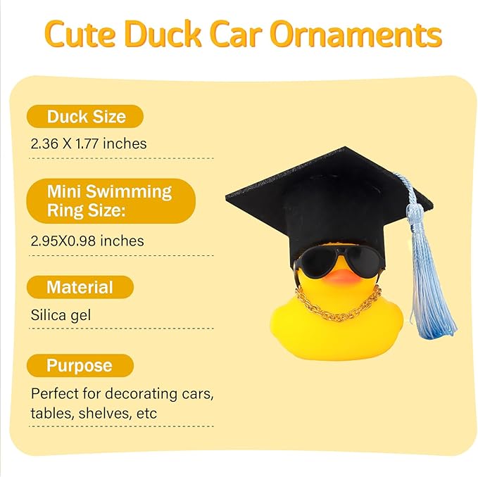 wonuu Car Dashboard Decor Graduation Hat Rubber Duck, Car Ducks Ornaments with Mini Hat Necklace Sunglasses Scarf (Light Blue)