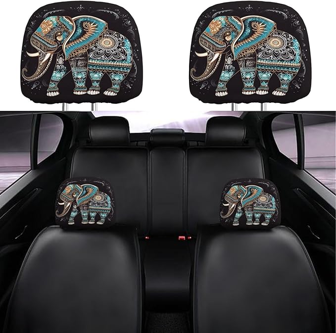 Dujiea 2 Pack Mandala Tribe Elephant Car Headrest Covers, Universal Soft Car Seat Head Rest Cover Protector, Vehicle Accessories Fabric Headrest Cover for Cars Vans Trucks