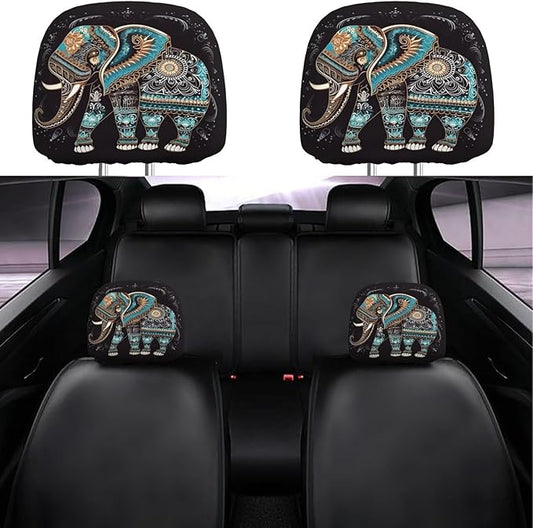 Dujiea 2 Pack Mandala Tribe Elephant Car Headrest Covers, Universal Soft Car Seat Head Rest Cover Protector, Vehicle Accessories Fabric Headrest Cover for Cars Vans Trucks