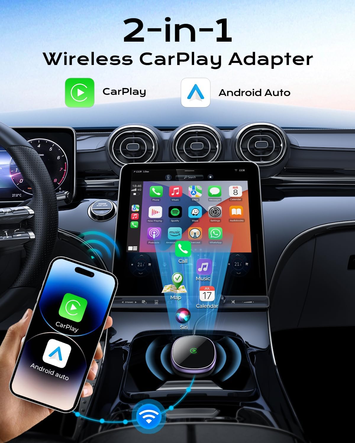 Wireless Carplay Adapter for iPhone & Android Auto 2-in-1, Stable, Plug & Play Low Delay Carplay Wireless Adapter Convert Wired to Wireless Apple Car Play Dongle for iOS 10+/Android 11+ (Purple)