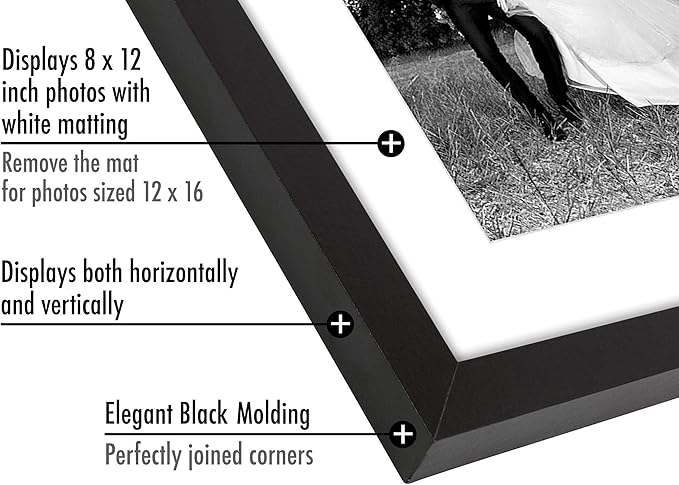 Americanflat 12x16 Picture Frame with Shatter-Resistant Glass - Set of 4 - Use as 8x12 Frame with Mat or Display 12x16 Photo Without Mat - Signature Collection - Picture Frames for Wall - Black