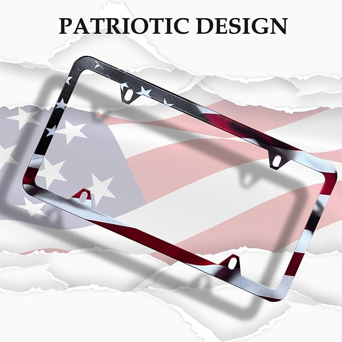 LIN KANG American Flag License Plate Frame Holder - 2 Pack Patriotic Universal Aluminum Matte Stripe US Flag Gloss Car Plate Frame Covers with 4 Holes and Screws Fasteners Caps