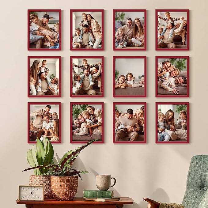 Renditions Gallery Set of 12, 8X10 Custom Photo Prints with Real Wood Picture Frames. Create Personalized Photos with Peel & Stick Photo Frames. Red Frame
