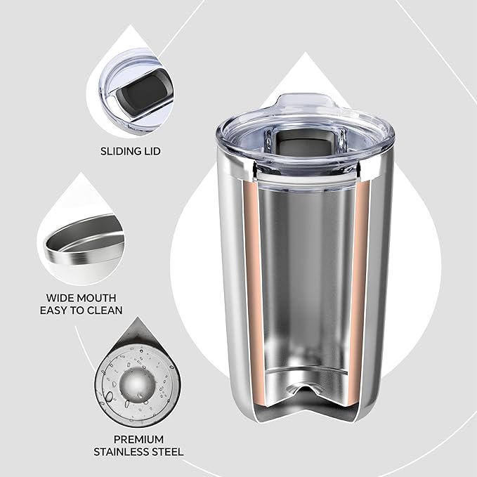 Ideus 20 oz Tumbler, Travel Coffee Mug with Splash Proof Sliding Lid, Double Wall Stainless Steel Vacuum Insulated Coffee Mug for Home and Office, Keep Beverages Hot or Cold, White