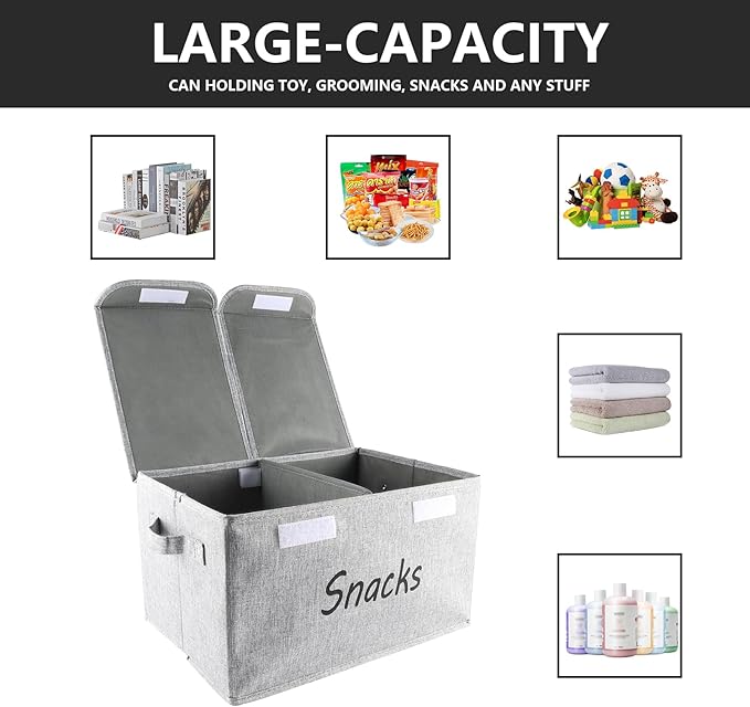Snack Organizer for Pantry Shelf, Fabric Snack Organizer with Double Lids & Handles, Large 2-Compartment Snack Bin Snack Holder, Snack Basket for Chips Packets, Snack Bar Station Decor-Grey