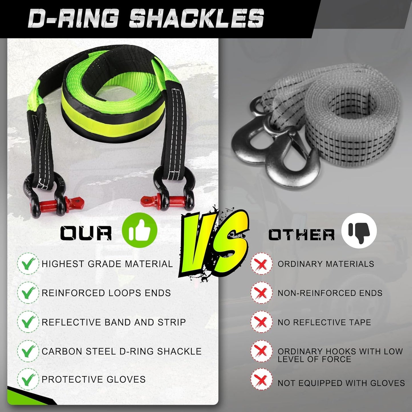 MAIKEHIGH Tow Strap Heavy Duty with Hooks, 2"×16ft (22,000Lbs) Recovery Strap with D-Ring Shackles (2pcs) + Protective Gloves (2pcs), Tow Rope for Car Truck SUV ATV (Green)