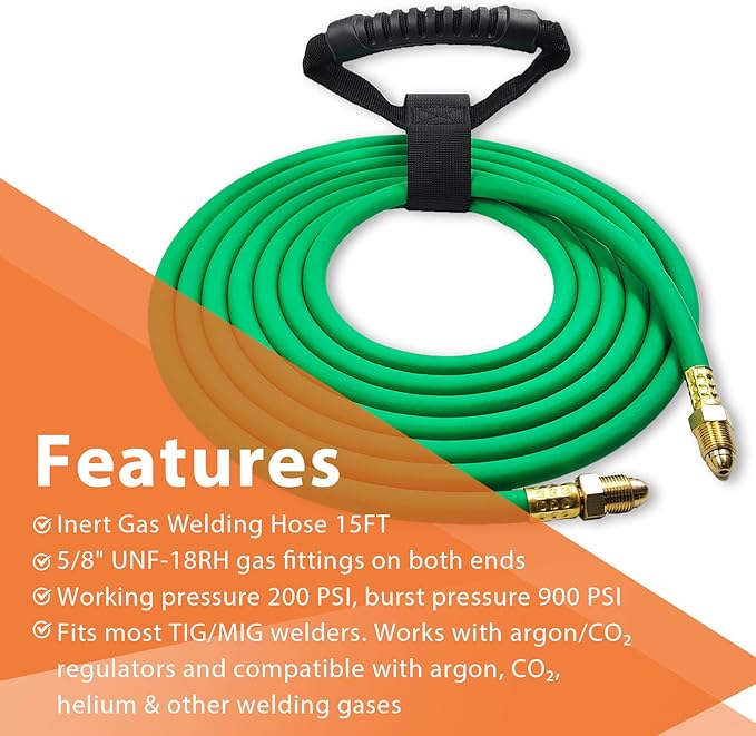 15FT Argon Gas Hose, Inert Gas Welding Hoses for MIG/TIG Welding Regulator，Argon/CO2 Flowmeter Regulator Hose, 5/8" UNF-18RH, NPT Fittings, Welding Accessories for MIG/TIG Welder