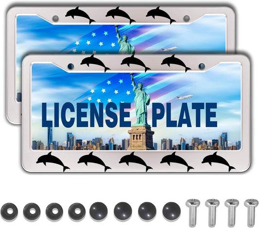 License Plate Frames for Women Black and White License Plate Protector for Men Dolphin Universal Aluminum Car Accessory 2 Pack with Screw Covers Set