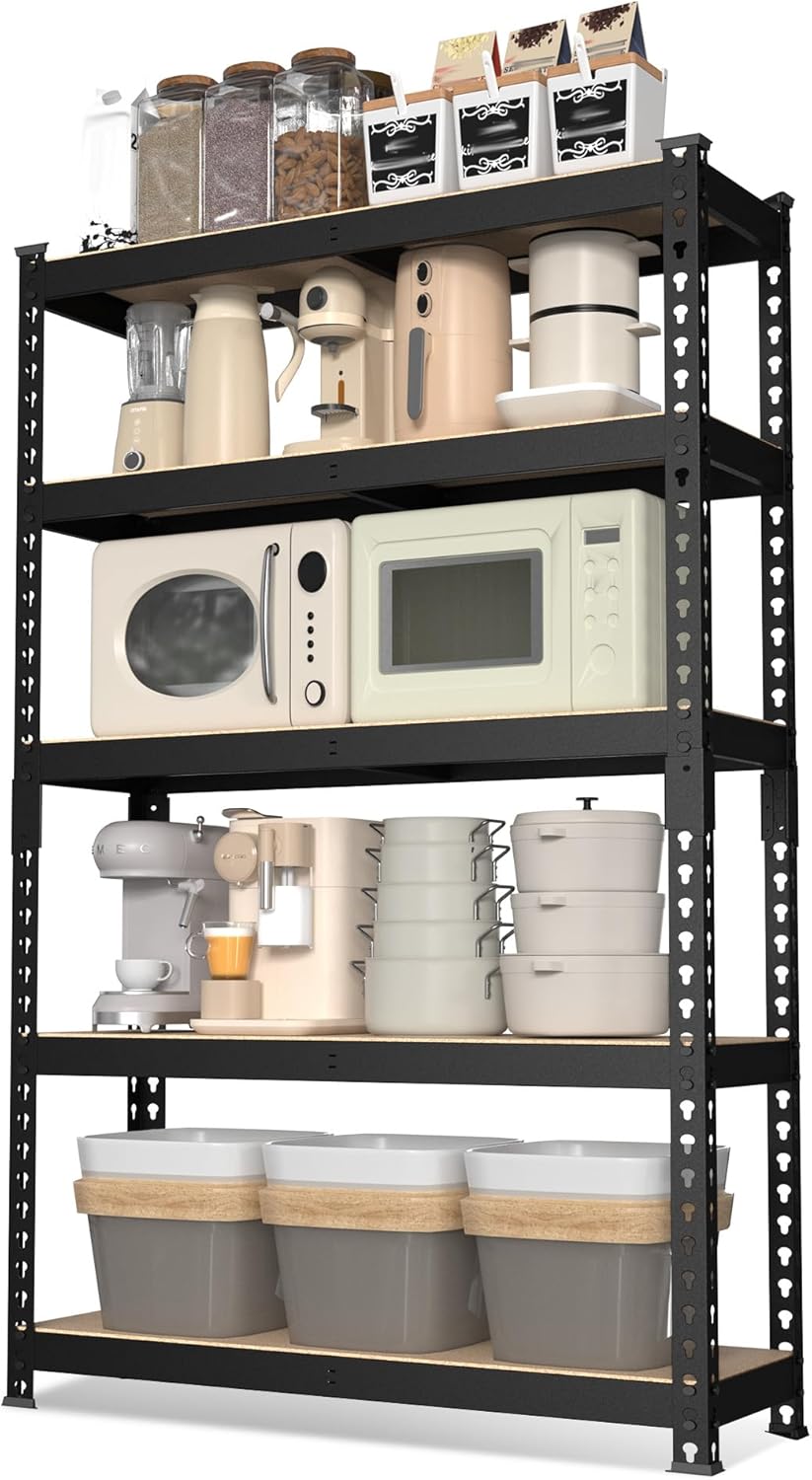 WORKPRO 5-Tier Steel Shelving Unit-Black, 27-2/5”W x 11-7/10”D x 60”H, Adjustable Storage Rack, Heavy Duty Shelf with MDF Board, 1650 lbs Load Capacity (Total) for Garage, Basement, Kitchen