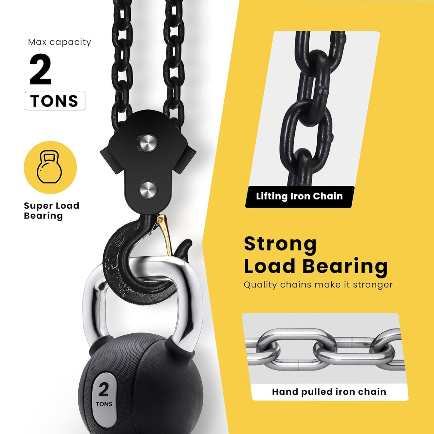 SPECSTAR Hand Chain Hoist 2 Ton 4400 Lbs Capacity 10 Feet with 2 Heavy Duty Hooks, Manual Chain Fall for Warehouse Building Automotive Machinery Yellow