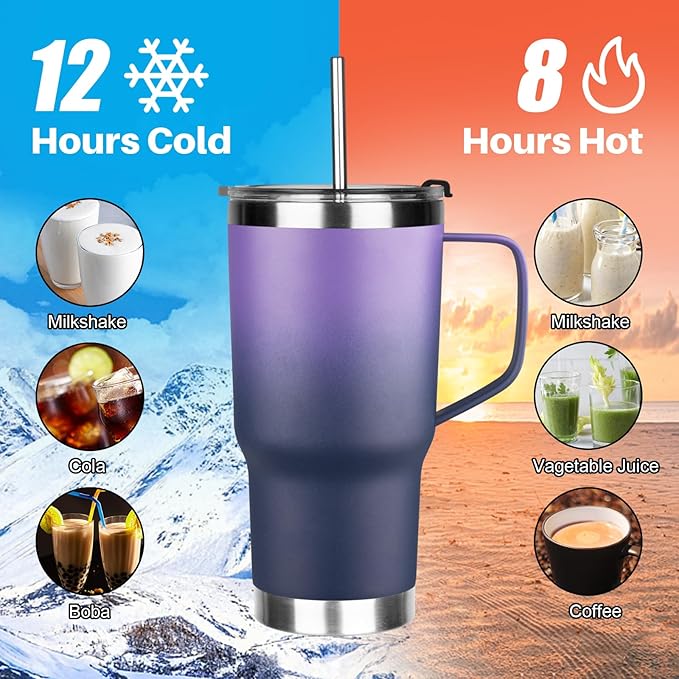 20 oz Tumbler with Handle, Stainless Steel Insulated Tumbler with Lid and Straw, Double Wall Vacuum Insulated Coffee Mug Tumbler,Insulated Coffee Thermal Cup for Cold and Hot(Purple Navy blue)