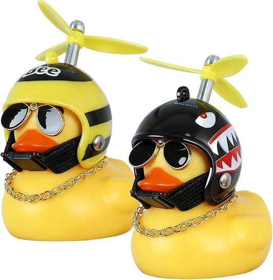 BOZILY 2 Pack Rubber Duck Car Ornaments, Squeeze Duck Bicycle Horns with Propeller Helmet, Bandage and Gold Chain, Funny Dashboard Decor for Car, Bike, Motorcycle