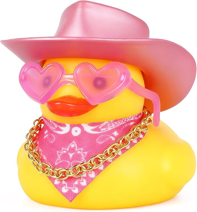 BOZILY Pink Rubber Ducks with Cowboy Hat, Necklace, Heart Sunglasses, Scarf, Funny Car Dashboard Decor, DIY Accessories for Car, Desk, Home Decoration
